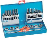 31 pieces - 7 sets of 3 DIN352 HSS taps + 7 HSS 25.4 dies M3 to M12 - Tap wrench no. 1.5, 1 die holder 25.4 + 1 deburring cutter TECHNIC 