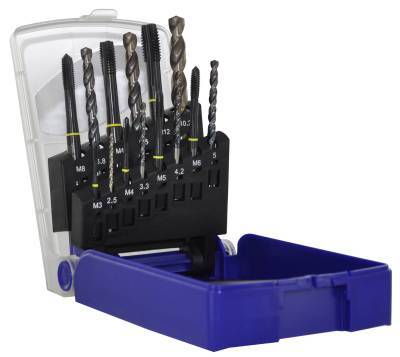 14 pieces - 7 DIN 371/376 M3 to M12 HSSE5% cobalt multi-application GUN taps + 7 TBX Blade-coated HSSE5 % cobalt drill bits - TECHNIC 